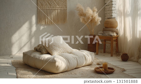 Cozy Bohemian Living Room With Cushions And Natural Decor. Relaxing Atmosphere With Earthy Tones 131501888
