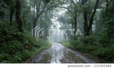 Misty Forest Pathway With Lush Greenery And Puddles. Serene Nature Walk In Rainy Weather 131501889