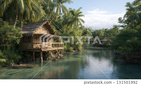 Tropical Riverside Bamboo Hut Surrounded By Lush Greenery. Serene Retreat In Nature 131501992
