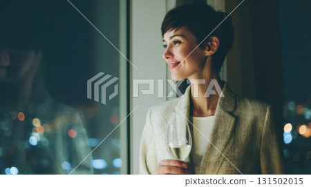Elegant Woman Enjoying City Night View With Wine Glass. Reflective Moment Of Relaxation And Contemplation 131502015