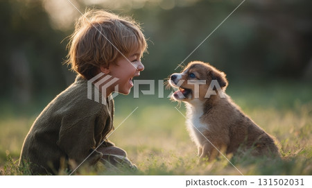 Child And Puppy Playing In A Sunlit Field. Joyful Interaction Between A Young Boy And A Dog 131502031