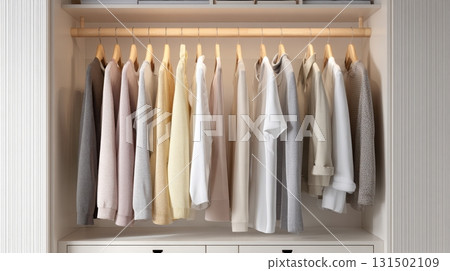 Neatly Organized Wardrobe With Neutral Toned Clothing. Minimalist Closet Design For Modern Living 131502109