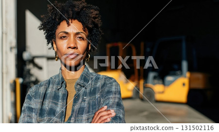 Portrait Of A Confident Woman In Industrial Warehouse Setting. Empowerment And Leadership In Industrial Environments 131502116