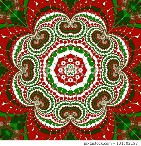 Christmas background with circle ornament. Green, red and white colors. You can use it for invitations, gift packaging, wrapping paper, holiday decor, postcards. 131502158