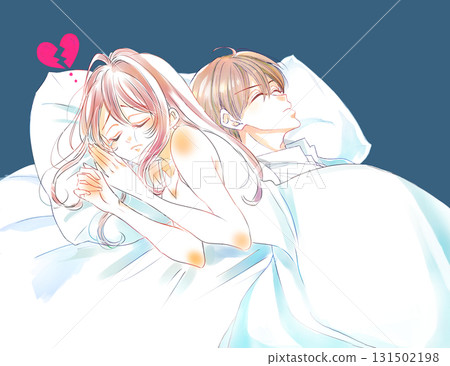 Woman sad about distance from partner, tears, bed 131502198