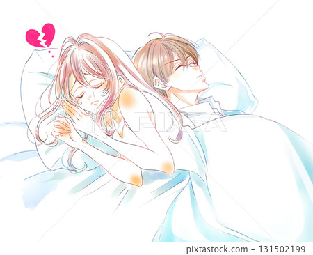 Woman sad about distance from partner, tears, bed 131502199