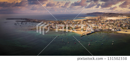 The city of Sal Rei and its old color city at sunset 131502338