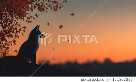 A fox perches on a hill at sunset, its silhouette stark against the sky. 131502885