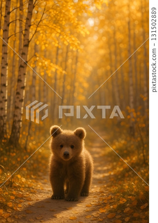 Cute brown bear cub standing on a forest path among golden autumn birches 131502889