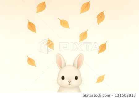 Cute white bunny peeking up as golden leaves fall on a clean light background 131502913