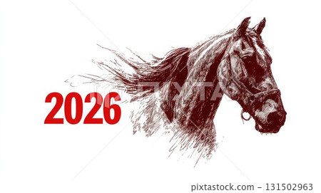 A line drawing of a galloping horse's head with the numbers 2026 on a white background symbolizing the New Year. The symbol of the year according to the Chinese calendar. 131502963