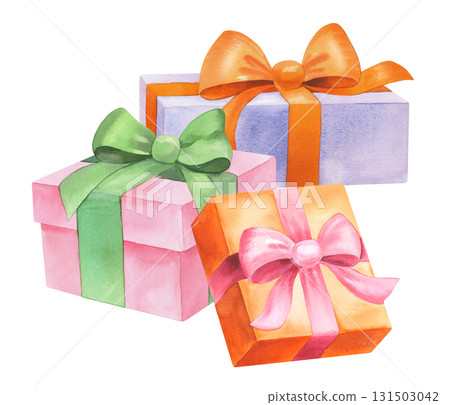 Watercolor gift boxes with a silk ribbons. Watercolor illustration. For fabric, wallpaper, packing paper, greeting cards, design, decoration and illustration. Watercolor gift boxes with a silk ribbons. Watercolor illustration. For fabric, wallpaper, packing paper, greeting cards, design, decoration and illustration. 131503042