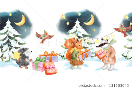 Seamless border of forest animals, christmas tree and gifts. Watercolor illustration. For fabric, wallpaper, packing paper, greeting cards, design, decoration and illustration. Seamless border of forest animals, christmas tree and gifts. Watercolor illustration. For fabric, wallpaper, packing paper, greeting cards, design, decoration and illustration. 131503043