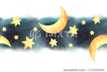 Seamless border of stars and moon on a navy watercolor night sky. Watercolor illustration. For fabric, wallpaper, packing paper, greeting cards, design, decoration and illustration. Seamless border of stars and moon on a navy watercolor night sky. Watercolor illustration. For fabric, wallpaper, packing paper, greeting cards, design, decoration and illustration. 131503044