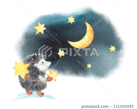 Hedgehog decorates the sky with stars. Watercolor illustration. For fabric, wallpaper, packing paper, greeting cards, design, decoration and illustration. Hedgehog decorates the sky with stars. Watercolor illustration. For fabric, wallpaper, packing paper, greeting cards, design, decoration and illustration. 131503045