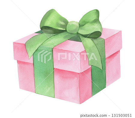 Watercolor gift box with a silk ribbon. Watercolor illustration. For fabric, wallpaper, packing paper, greeting cards, design, decoration and illustration. Watercolor gift box with a silk ribbon. Watercolor illustration. For fabric, wallpaper, packing paper, greeting cards, design, decoration and illustration. 131503051