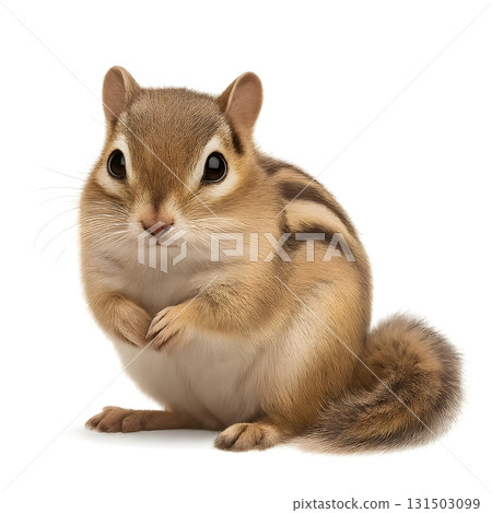 A charming chipmunk with striking striped fur sits, its bright eyes fixed on the camera. A charming chipmunk with striking striped fur sits, its bright eyes fixed on the camera. 131503099