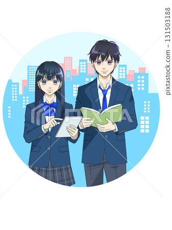 動漫風格的插圖,男女高中生或國中生拿著平板電腦和書籍,城市景觀背景,圓形 動漫風格的插圖,男女高中生或國中生拿著平板電腦和書籍,城市景觀背景,圓形 131503188