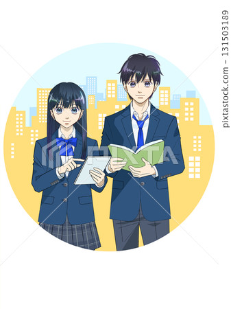 Anime-style illustration of male and female high school or junior high school students holding tablets and books, cityscape background, round Anime-style illustration of male and female high school or junior high school students holding tablets and books, cityscape background, round 131503189