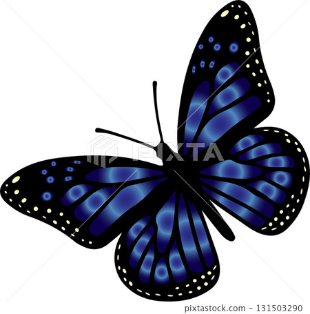 Butterfly with Blue Open Wings. Mythical Insect Silhouette. Magical Garden Illustration. Whimsical Flying Insect. Vibrant Monarch Butterfly Art. Luminous Translucent Wings. Delicate Nature Element.  Butterfly with Blue Open Wings. Mythical Insect Silhouette. Magical Garden Illustration. Whimsical Flying Insect. Vibrant Monarch Butterfly Art. Luminous Translucent Wings. Delicate Nature Element.  131503290