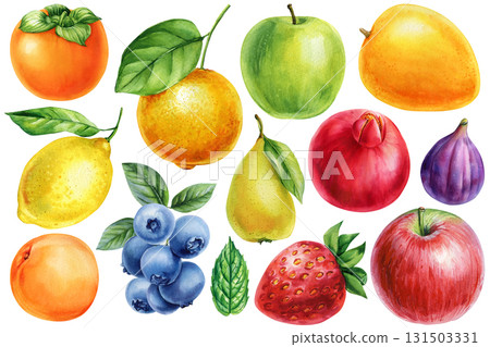 Watercolor Fruits Collection. Apple Pear Lemon Orange Mango Pomegranate and Persimmon. Fig, Peach, Strawberry Blueberry Clipart 131503331