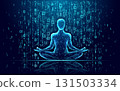 Futuristic low poly yogi in lotus asana with matrix code rain 131503334