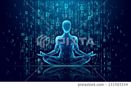 Futuristic low poly yogi in lotus asana with matrix code rain Futuristic low poly yogi in lotus asana with matrix code rain 131503334