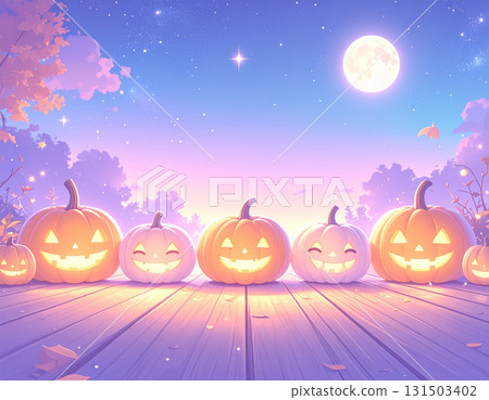 A fantastical scene of cute Halloween pumpkins lined up on the deck at night. 131503402