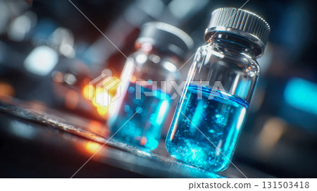 Close-up of glass vials filled with glowing blue liquid under dramatic lighting 131503418
