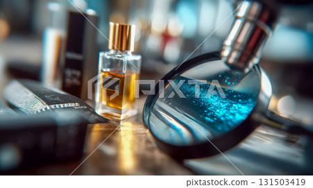 Close-up of lab vial with glowing blue liquid under magnification 131503419