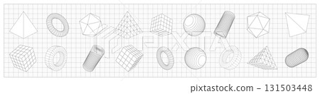 School geometric shapes. White square mesh.Square, Triangle, Circle .Linear geometric drawing. Vector illustration. 131503448