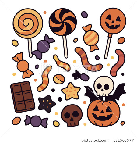 Halloween candy lollipop chocolate pumpkin skull bat worm festive colorful fun 131503577