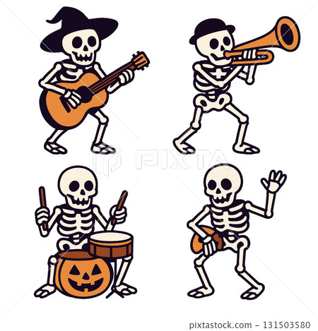 Skeleton guitar, trumpet, drum, and ukulele players in festive costumes, joyful Halloween band 131503580