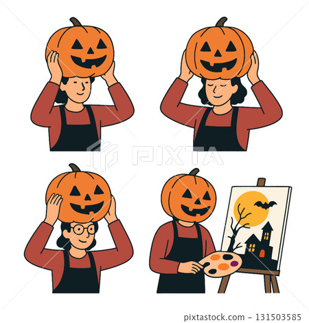 Person pumpkin costume painting canvas Halloween autumn creative happy art illustration cartoon Person pumpkin costume painting canvas Halloween autumn creative happy art illustration cartoon 131503585