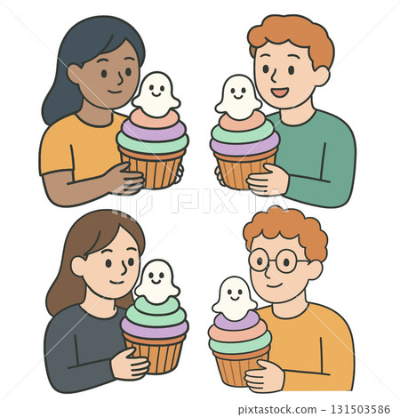Children holding colorful cupcakes with ghost decorations, smiling, cartoon style, Halloween Children holding colorful cupcakes with ghost decorations, smiling, cartoon style, Halloween 131503586