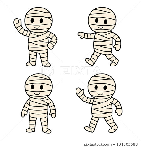 Cartoon mummy character, cute, happy, waving, walking, simple line art, white background 131503588