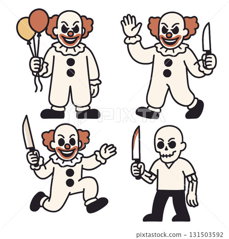 Scary clown holding balloons and knife, cartoon style, horror, Halloween, red hair, white suit Scary clown holding balloons and knife, cartoon style, horror, Halloween, red hair, white suit 131503592