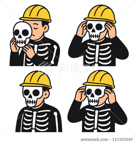 Skeleton costume worker wearing yellow helmet, putting skull mask, cartoon illustration Skeleton costume worker wearing yellow helmet, putting skull mask, cartoon illustration 131503597