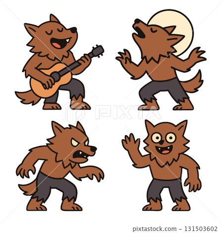 Cartoon werewolf playing guitar, howling at moon, angry, and waving, joyful and expressive 131503602