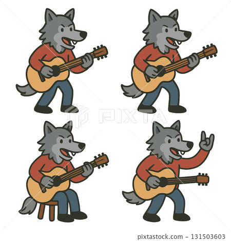 Cartoon wolf guitar music standing sitting happy playful animal character illustration 131503603