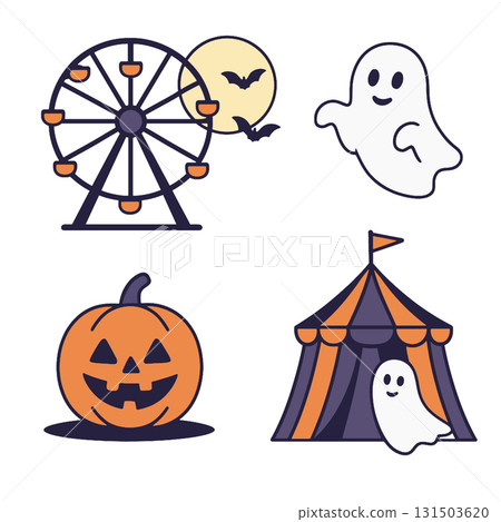 Halloween ghost pumpkin ferris wheel tent moon bat festive cartoon fun 131503620