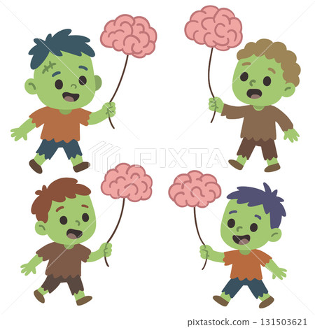 Cute cartoon zombie children holding brain shaped candy, happy expression, isolated white 131503621