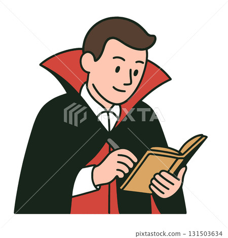 Vampire costume man cartoon writing notebook Halloween red black white happy Vampire costume man cartoon writing notebook Halloween red black white happy 131503634