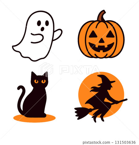 Halloween ghost, pumpkin, black cat, witch silhouette, orange background, spooky, festive 131503636