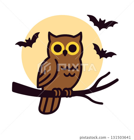 Owl branch moon bat night cartoon animal Halloween spooky illustration 131503641
