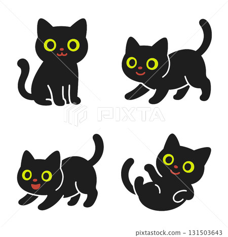 Black cat cartoon cute playful happy green eye sitting walking rolling isolated white background 131503643