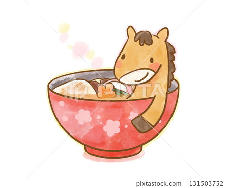 Watercolor illustration of a smiling horse character in ozoni New Year's card design 131503752