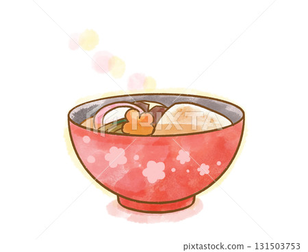 Watercolor illustration of Japanese Zoni soup. New Year's food. New Year's card material. 131503753