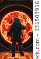 Astronaut observing giant red star from spaceship window in space exploration mission. 3d render 131503916