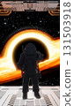 Astronaut observing black hole from spaceship: interstellar exploration and space travel. 3d render 131503918